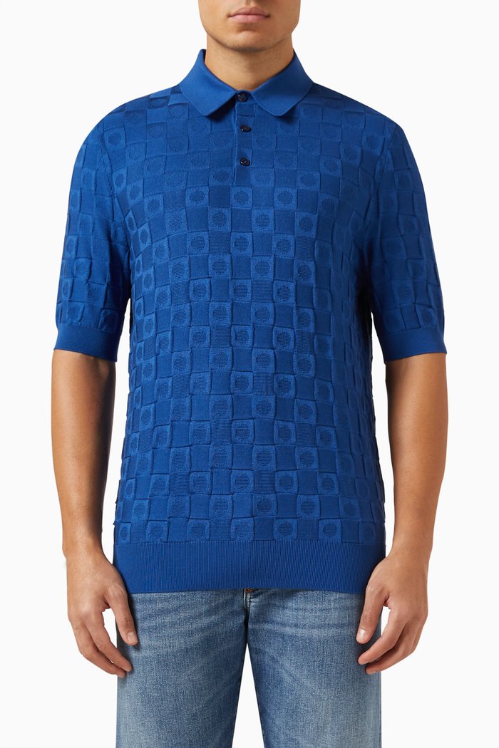 

3D Checked Polo Shirt in Silk-jacquard, Blue