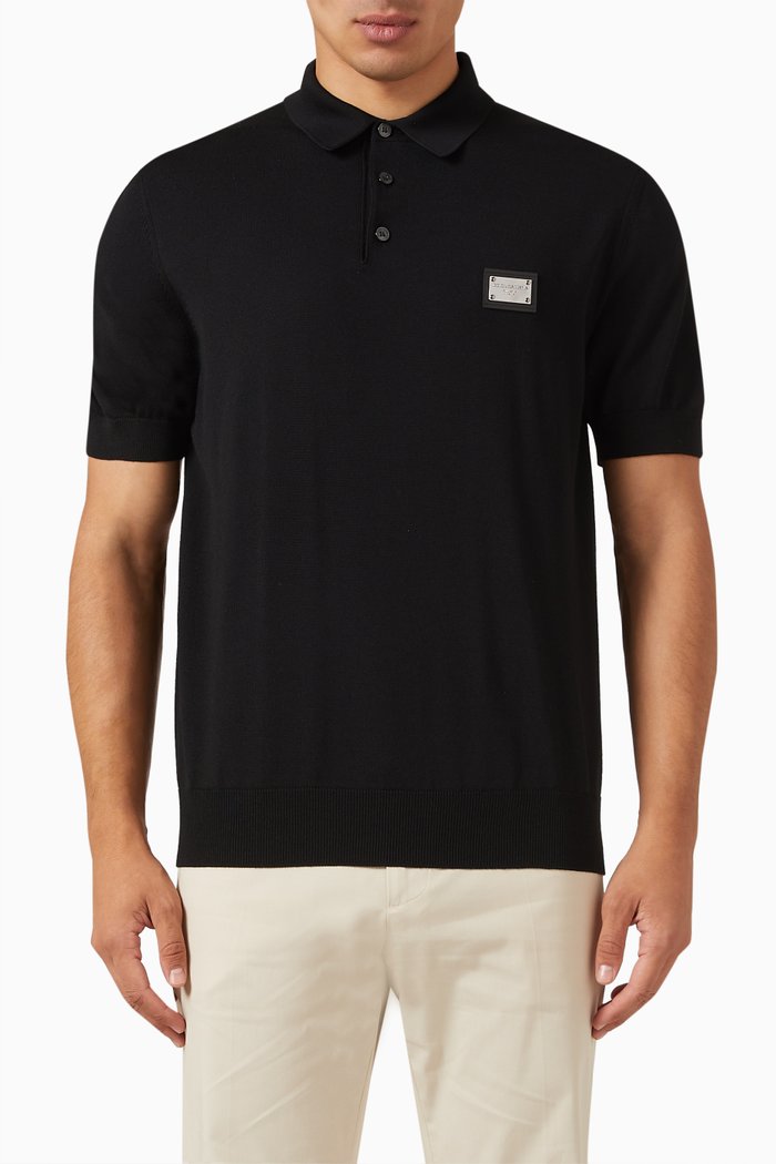 

Logo Tag Polo Shirt in Wool Knit, Black