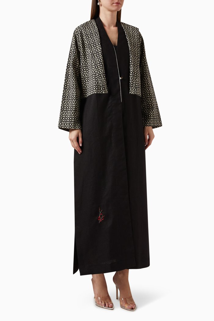 

Printed Jacket-style Abaya in Linen, Black