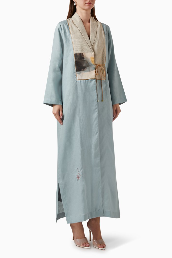 

Printed-patch Abaya in Linen, Blue