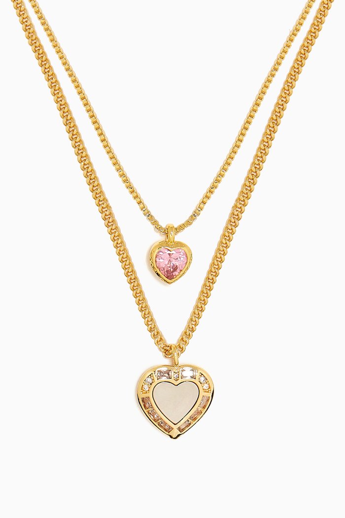 

Double Heart Charm Necklace in Gold-plated Brass, Pink