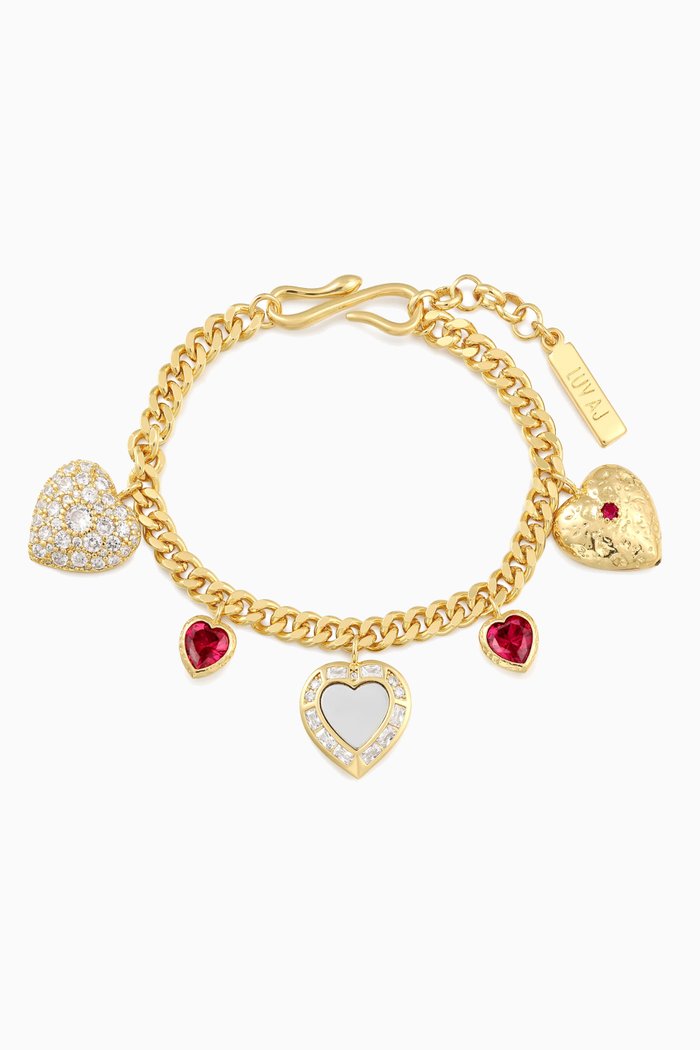 

Hanging Heart Charm Bracelet in Gold-plated Brass, Red