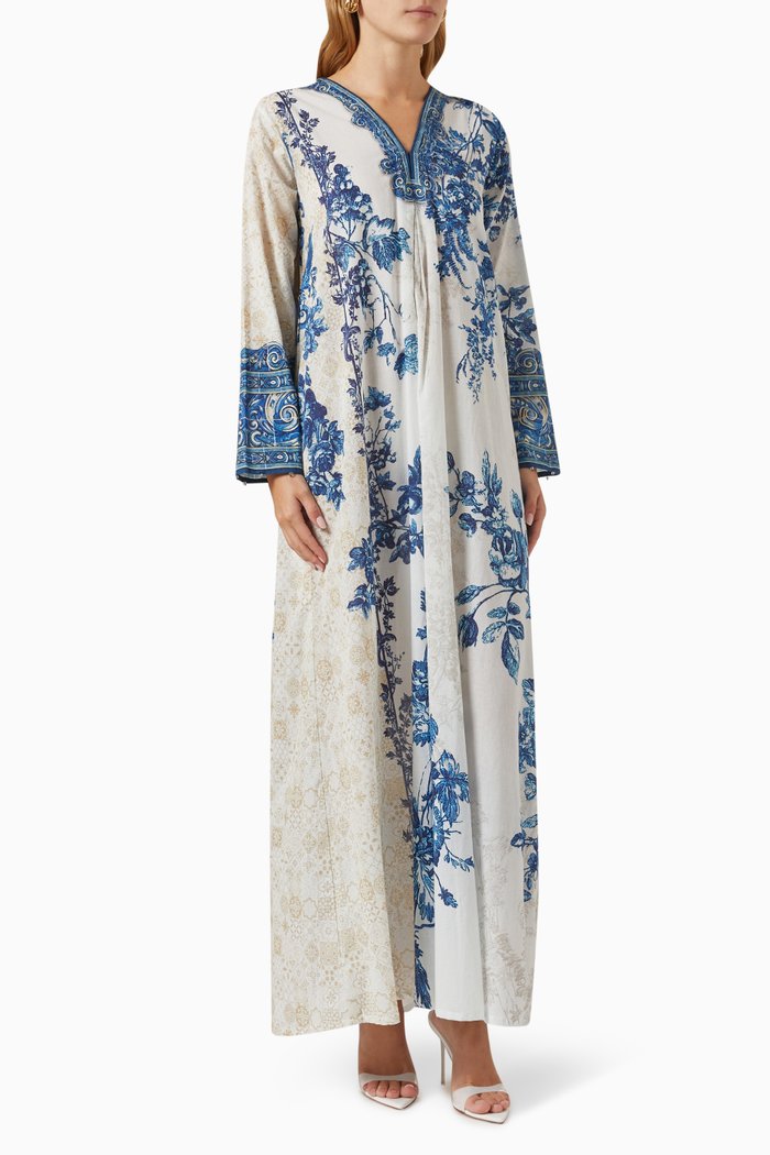 

Printed Jalabiya Dress in Cotton, Blue