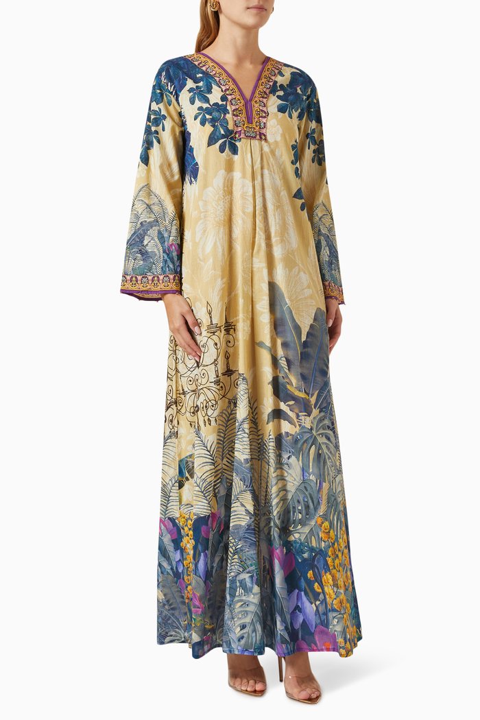 

Printed Jalabiya Dress in Cotton, Yellow