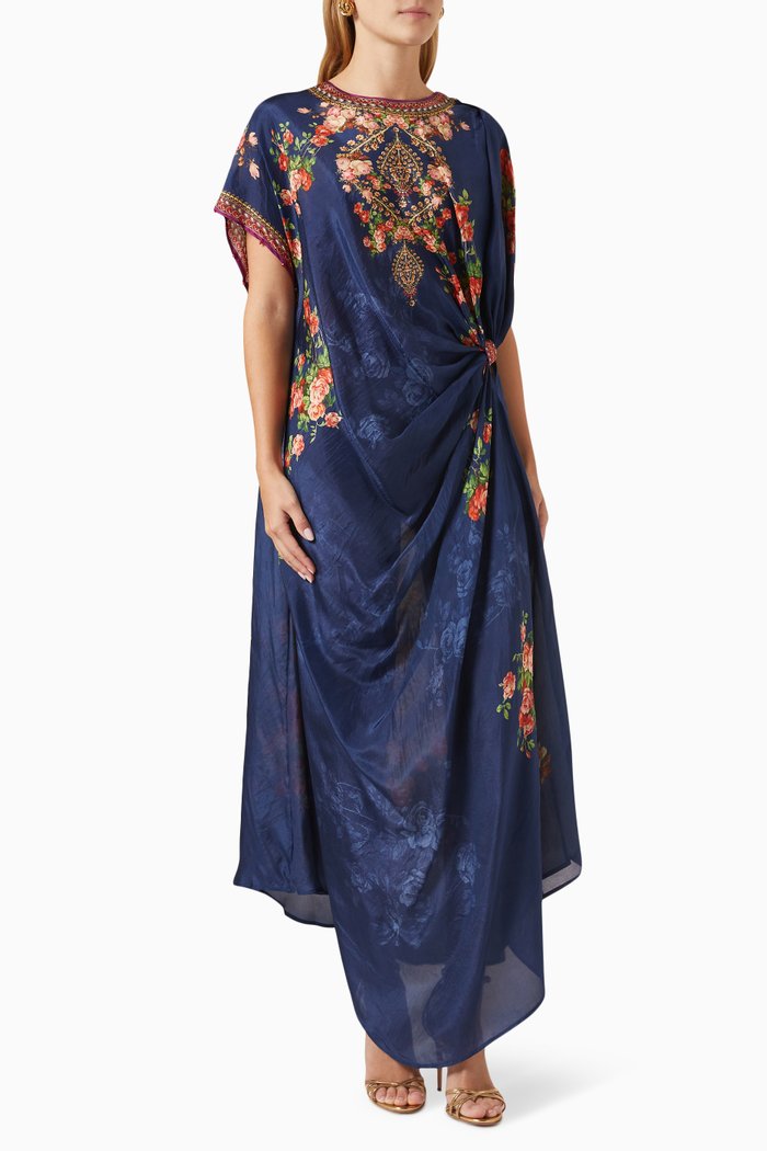 

Printed Draped Dress in Silk, Blue
