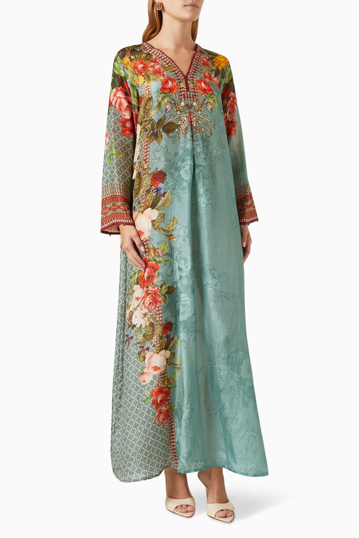 

Printed Jalabiya Dress in Silk, Green