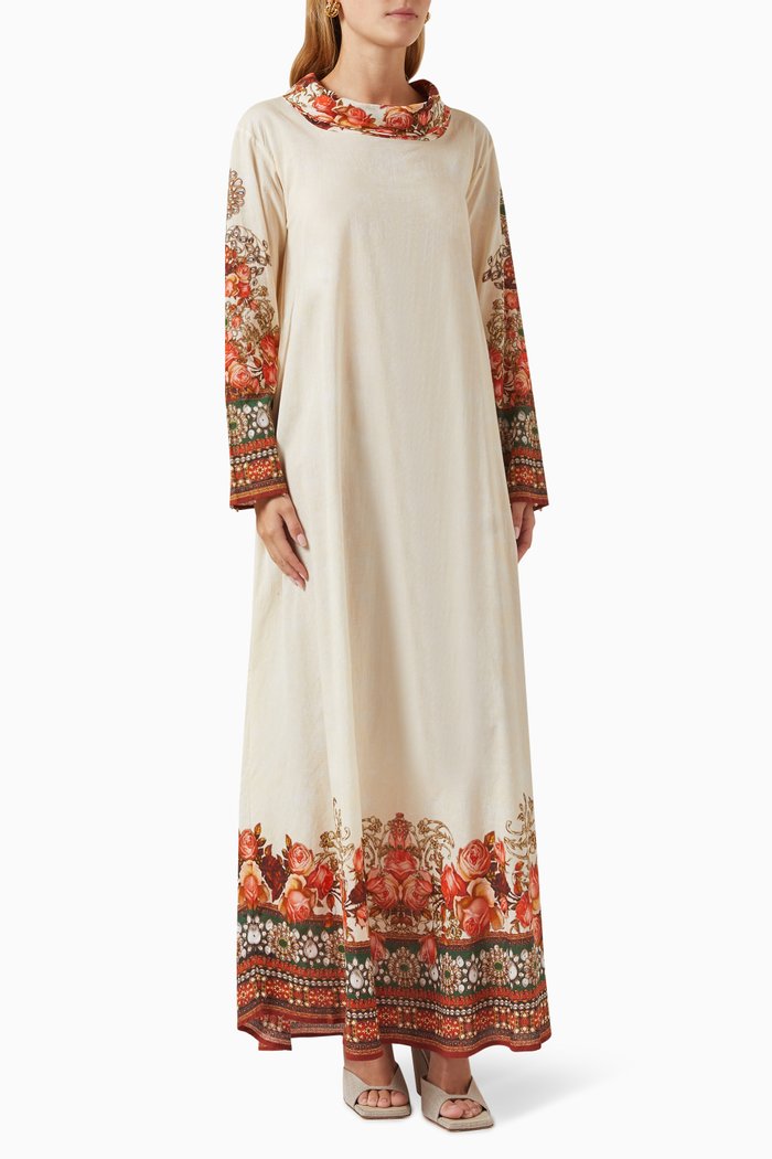 

Printed Kaftan Dress in Cotton, Neutral