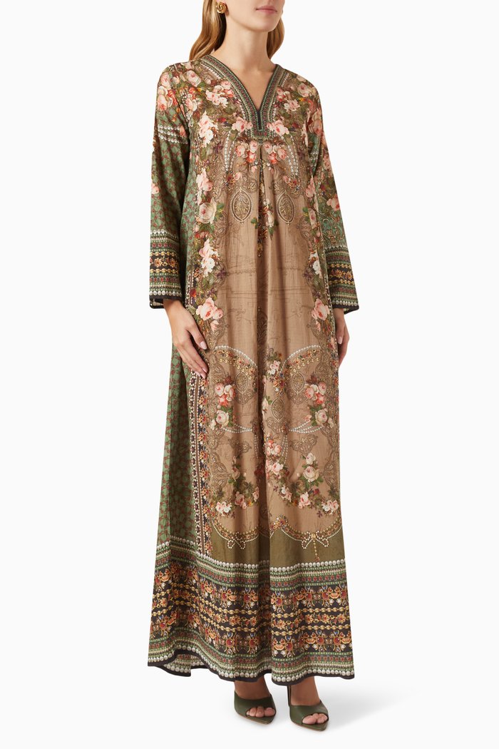 

Printed Jalabiya Dress in Cotton, Green