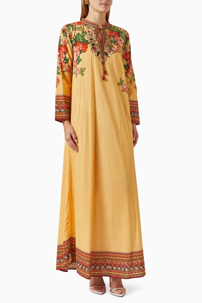 

Printed Jalabiya Dress in Cotton, Yellow