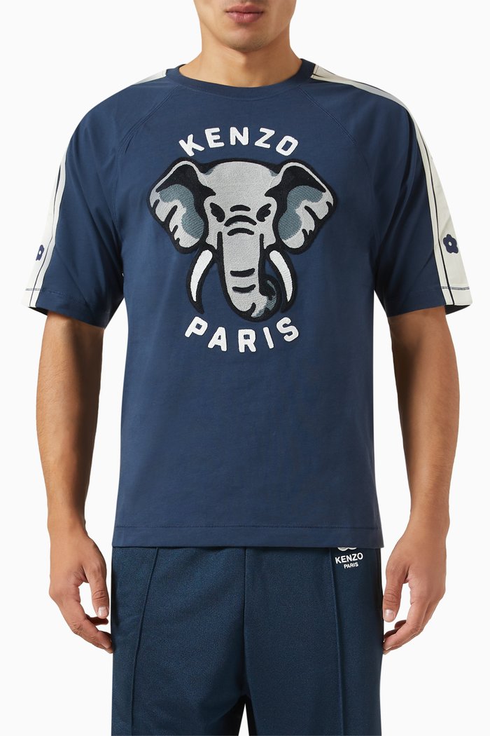 

Elephant Motif & Logo Print T-shirt in Cotton, Blue