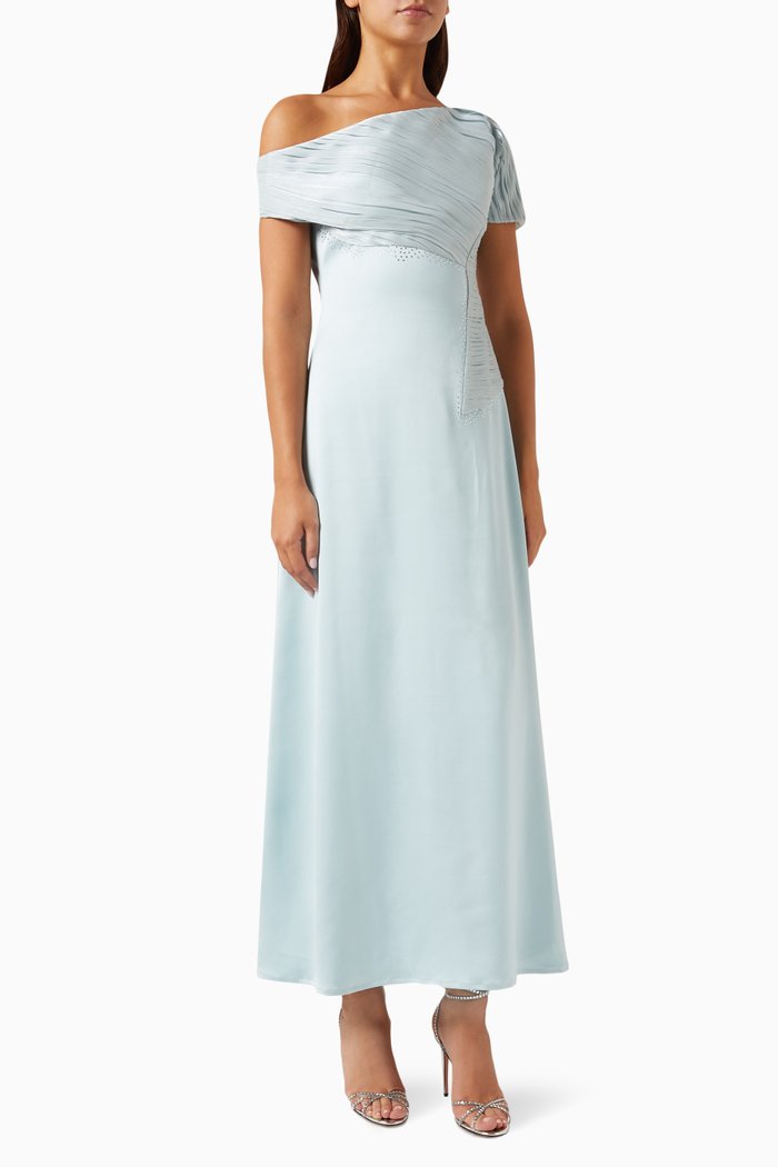 

One-shoulder Embellished Maxi Dress in Stretch-satin & Organza, Blue