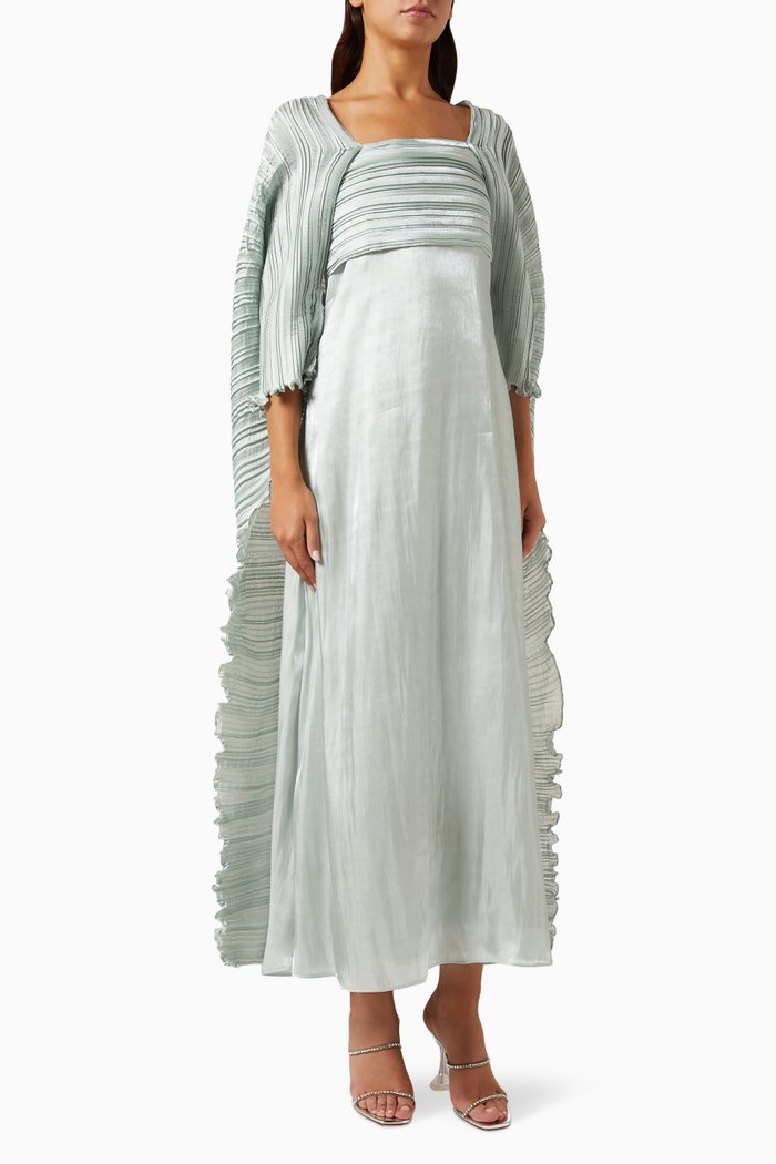 

Pleated Cape Midi Dress in Organza, Green