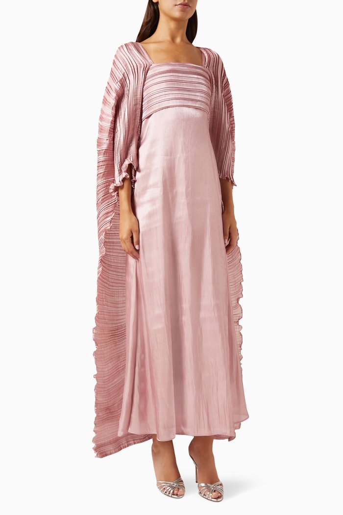 

Pleated Cape Midi Dress in Organza, Pink