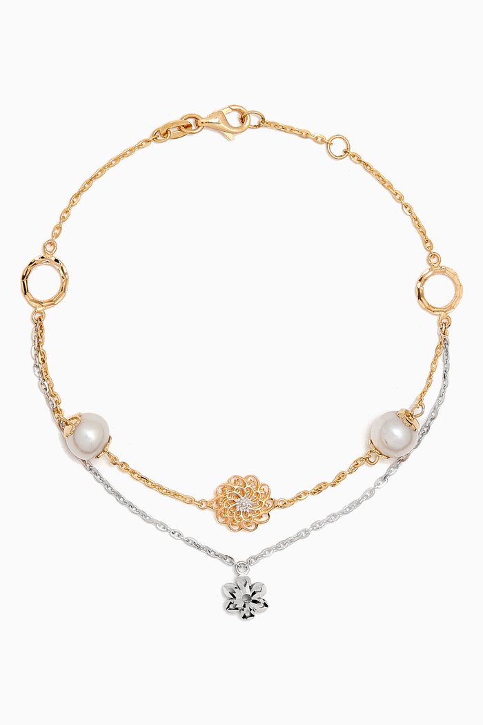 

Kiku Freshwater Pearl Charm Double-chain Bracelet in 18kt Gold, Multicolour