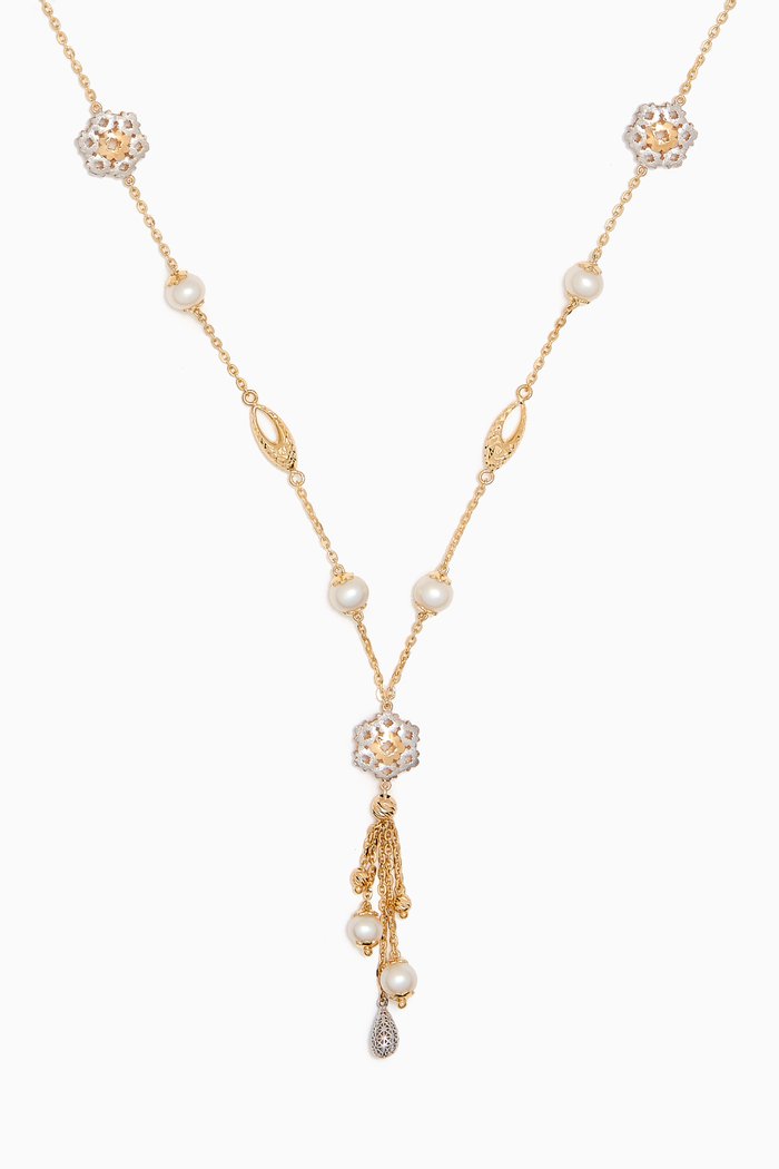 

Kiku Freshwater Pearl Charm Tassel Necklace in 18kt Gold, Multicolour