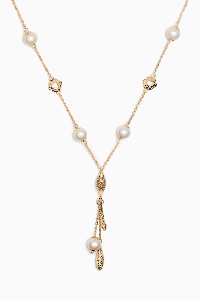 Kiku Freshwater Pearl Charm Tassel Necklace in 18kt Gold, Multicolour