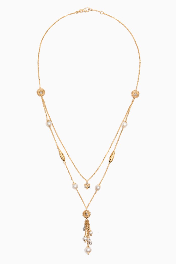 Kiku Freshwater Pearl Charm Tassel Necklace in 18kt Gold, Multicolour