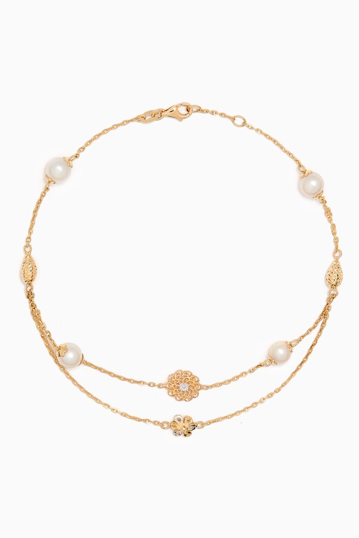 

Kiku Freshwater Pearl Charm Double-chain Anklet in 18kt Gold, Multicolour