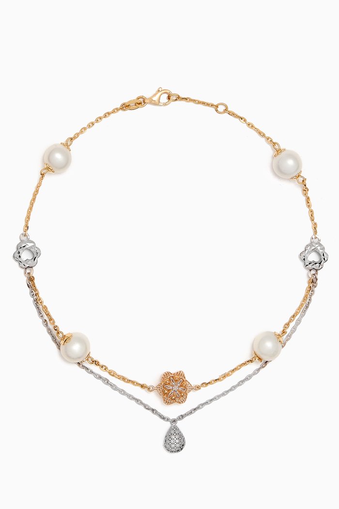 

Kiku Freshwater Pearl Charm Double-chain Anklet in 18kt Gold, Multicolour