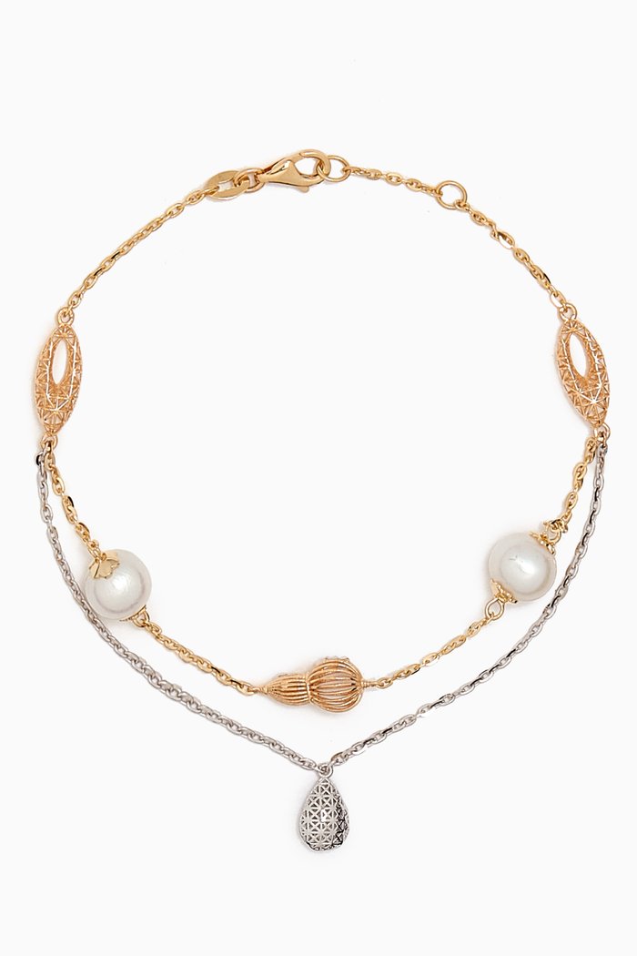 

Kiku Freshwater Pearl Charm Double-chain Bracelet in 18kt Gold, Multicolour