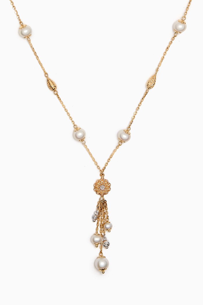 Kiku Freshwater Pearl Charm Tassel Necklace in 18kt Gold, Multicolour