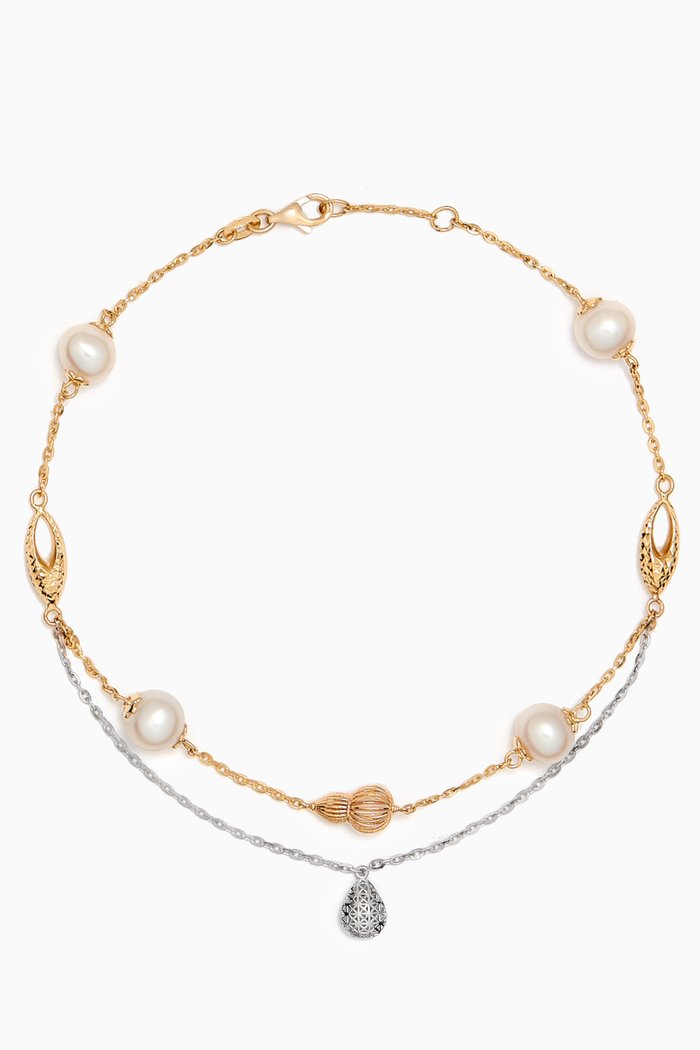 Kiku Freshwater Pearl Charm Double-chain Anklet in 18kt Gold, Multicolour