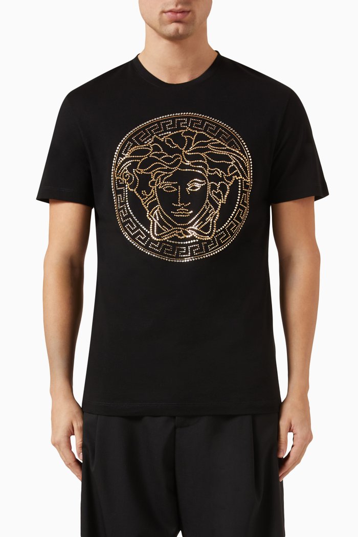 

Embellished Medusa Logo T-shirt in Cotton, Black