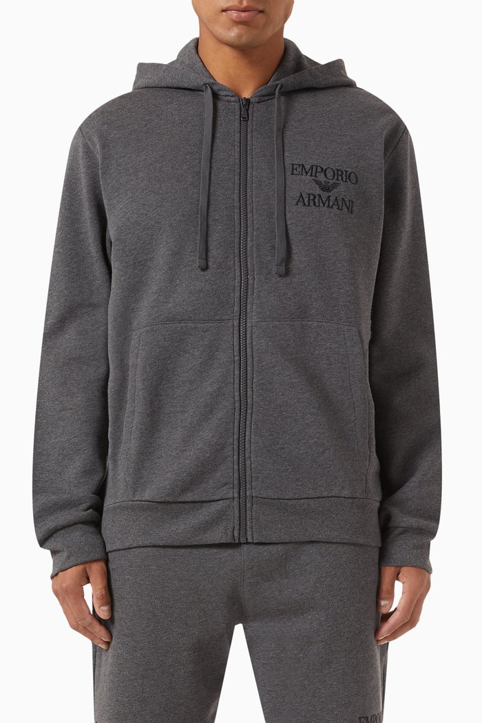

Logo-embroidered Lounge Zip-up Hoodie in Cotton-fleece, Black