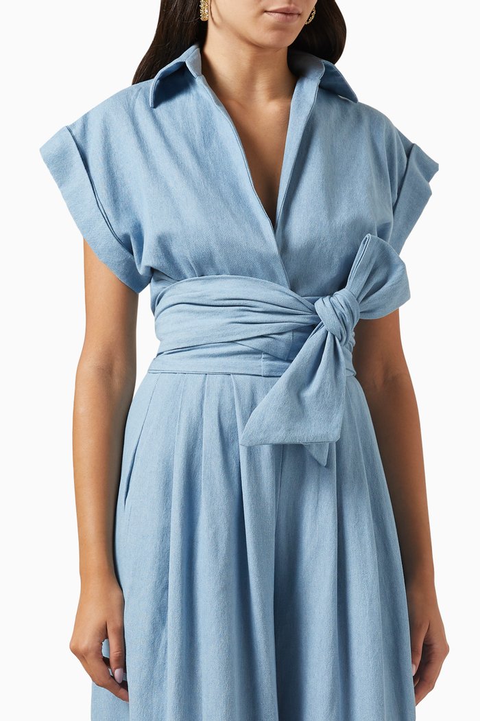 Kasey Wrap Crop Top in Chambray, Blue