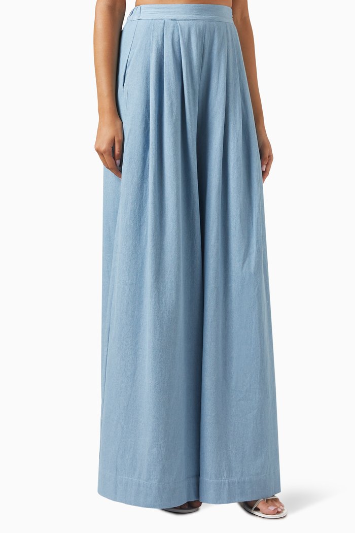 

Harper Wide-leg Pleated Pants in Chambray, Blue