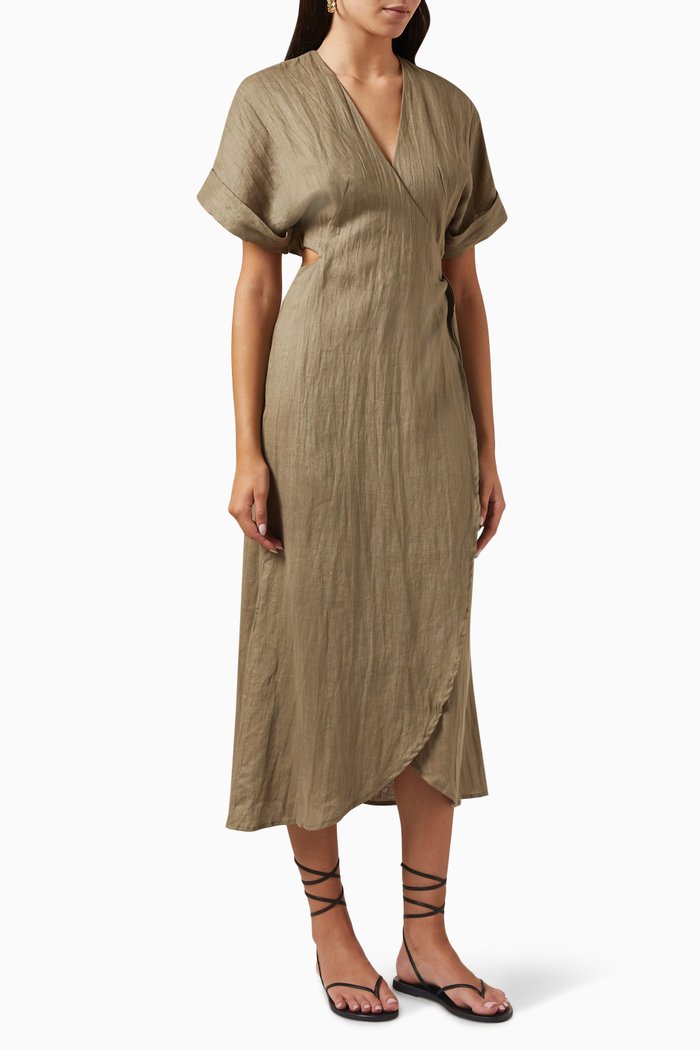 

Devon Wrap-front Midi Dress in Linen, Green