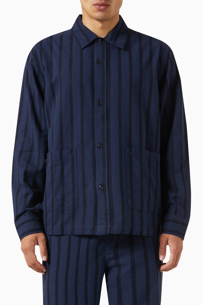 

Long Sleeved Collared Overshirt in Cotton-blend Poplin, Blue