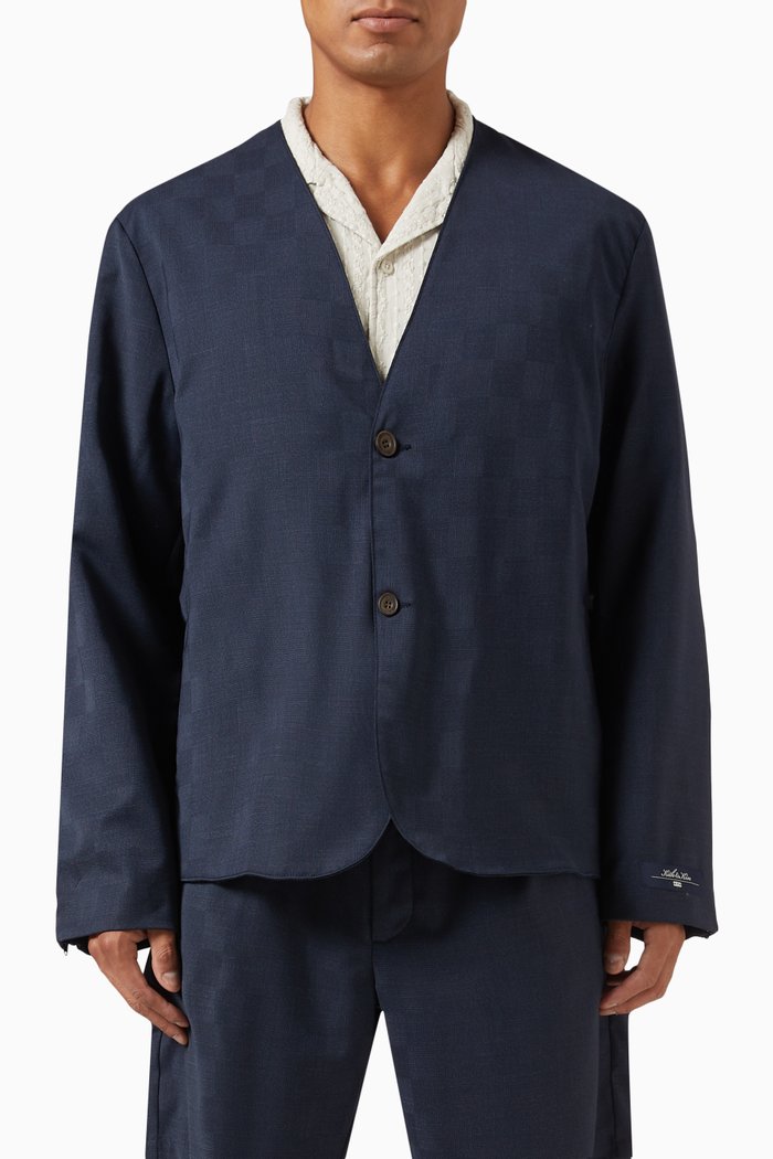 

Shadow Check Collarless Jacket in Wool-suiting, Blue
