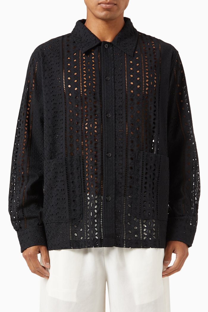 

Eyelet Collared Boxy Overshirt in Cotton, Black