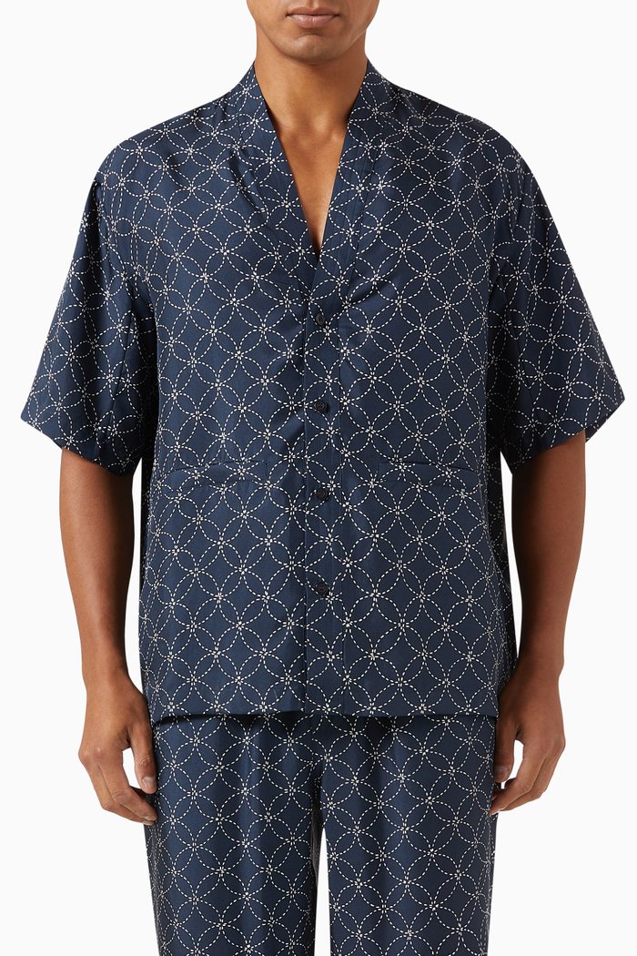 Geometric Stitch Gi Shirt in Silk, Blue