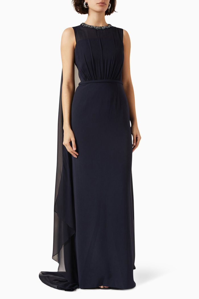 

Embellished Neckline Dress in Chiffon, Blue
