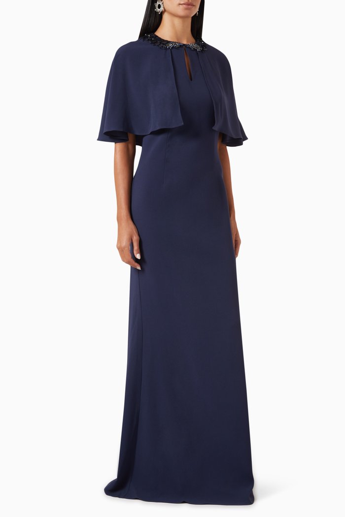 

Beaded Collar Caplet Dress in Charmeuse, Blue