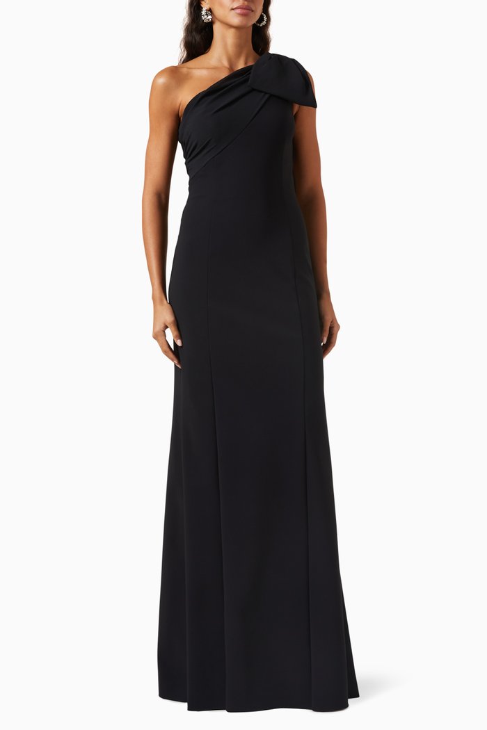 

One-shoulder Cape Gown in Scuba & Chiffon, Black