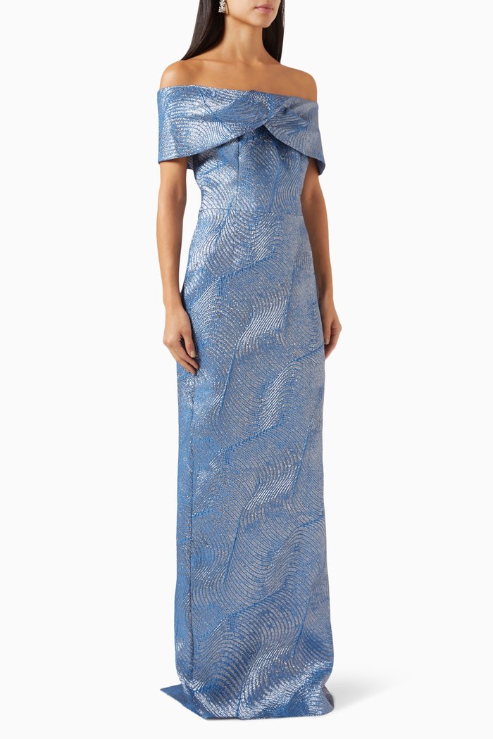 

Off-shoulder Maxi Dress in Metallic-jacquard, Blue