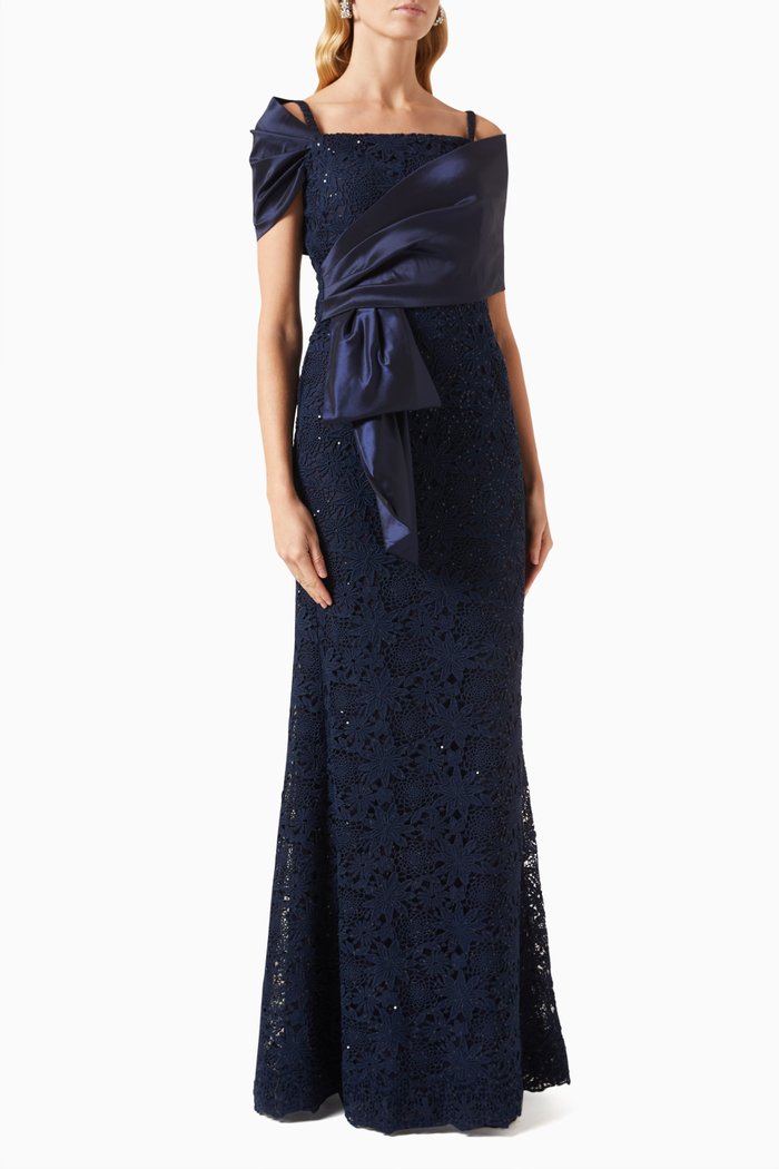 

Sequin-embellished Gown in Lace & Taffeta, Blue