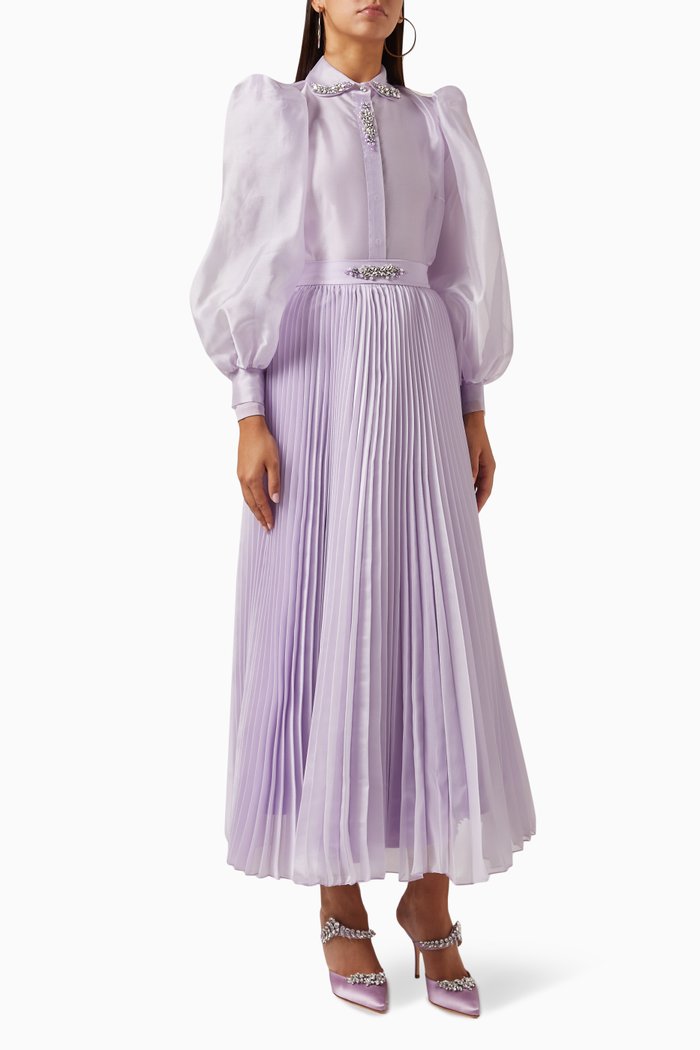 

Leaves Blouse, Bodysuit & Pleated Skirt Set, Purple