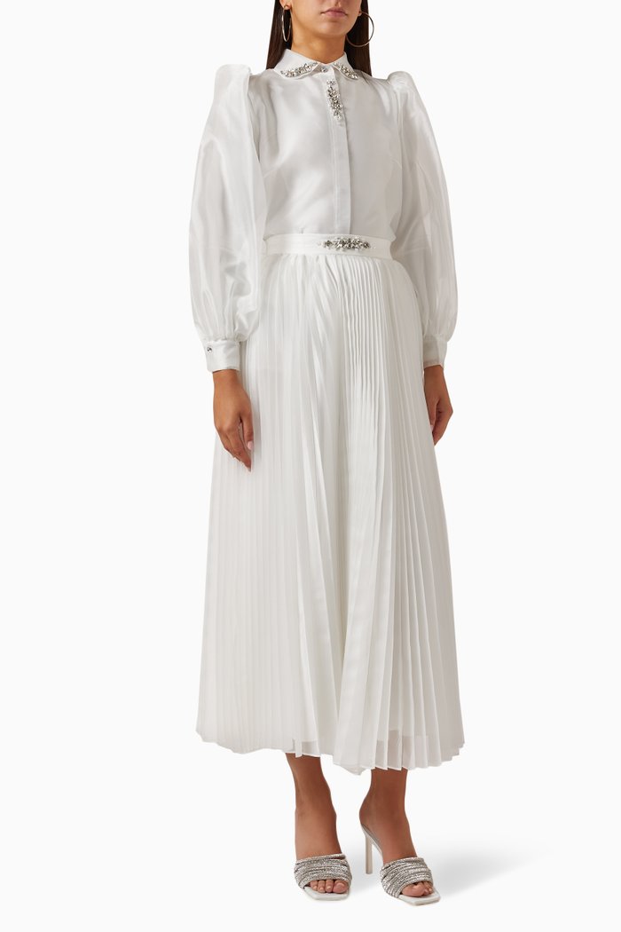 

Leaves Blouse, Bodysuit & Pleated Skirt Set, White