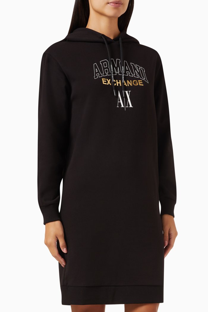 

AX Logo Hooded Dress in Cotton-blend, Black
