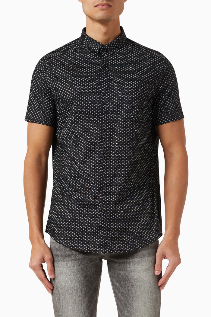 

All-over Print Shirt in Stretch Cotton-poplin, Black