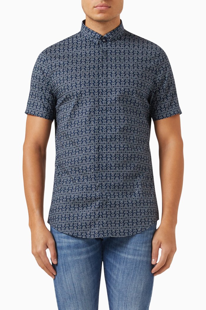 

All-over Logo-print Shirt in Stretch Cotton-poplin, Blue