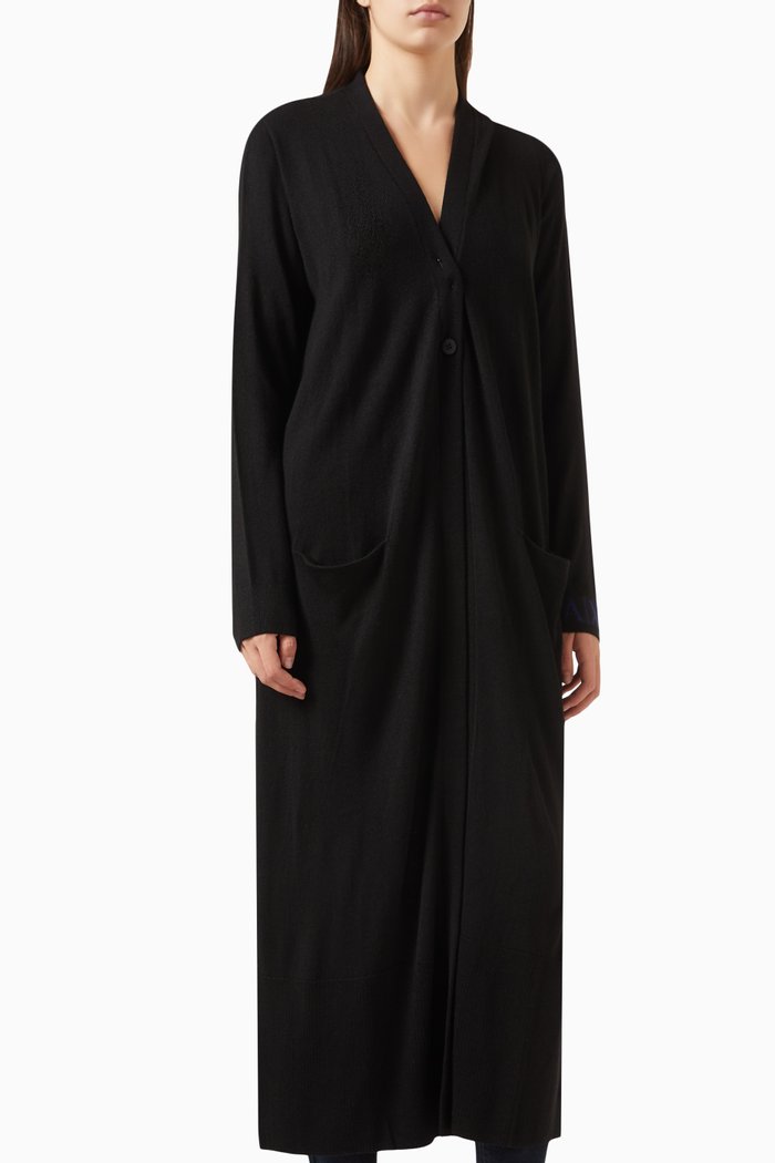 

Logo Printed Long Cardigan in Wool-blend, Black