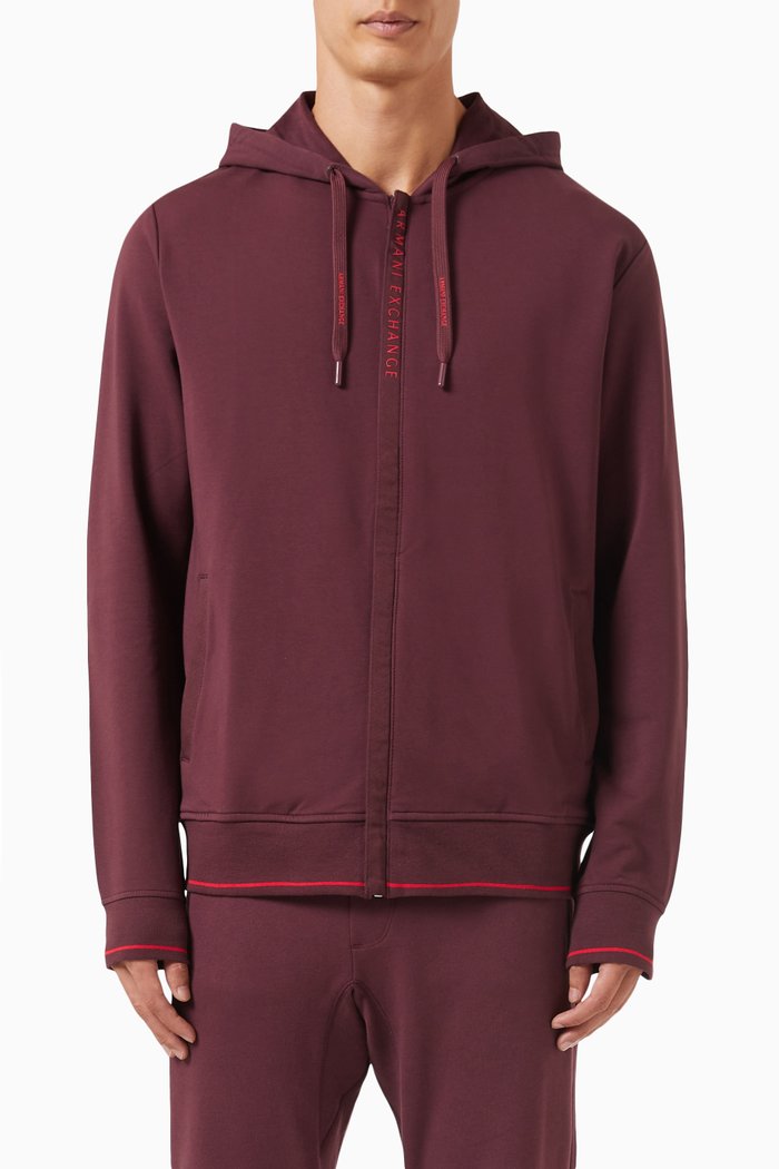 

Logo-tape Zip Hoodie in Stretch-cotton, Burgundy