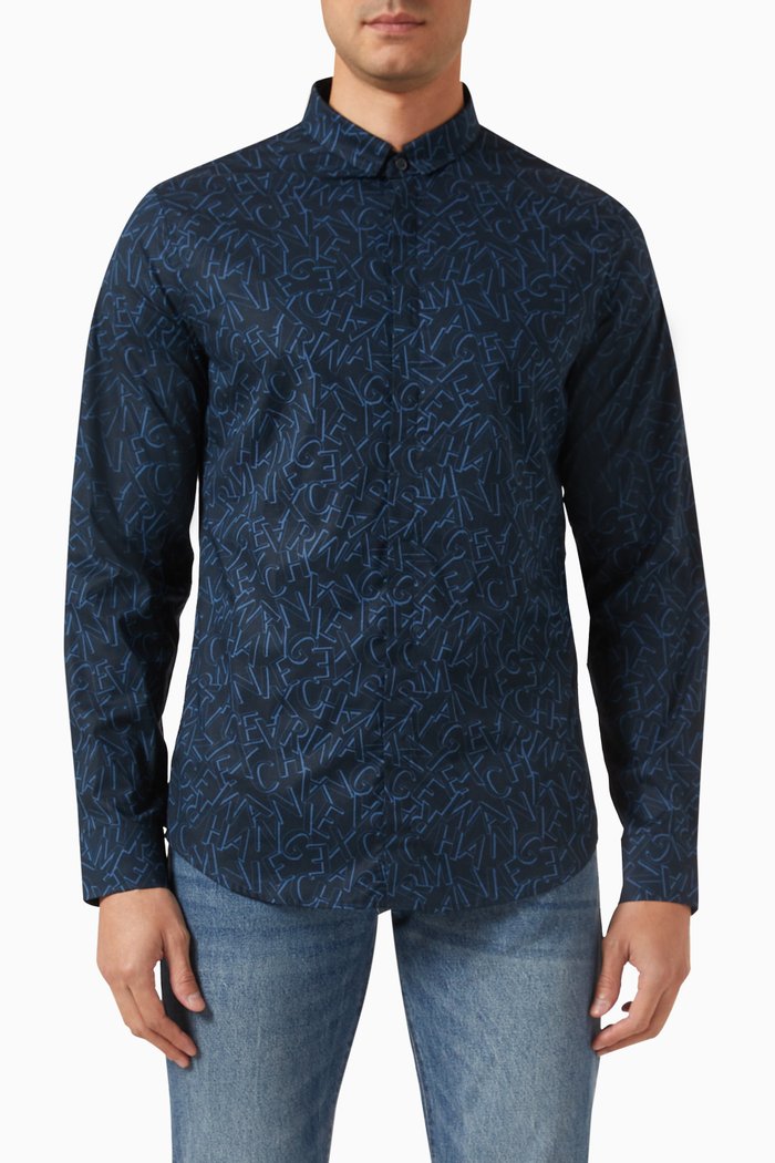 

All-over Logo Shirt in Stretch-cotton, Blue