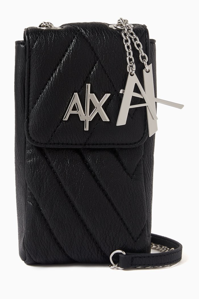 

AX Logo Phone Holder on Chain in Quilted Faux Leather, Black