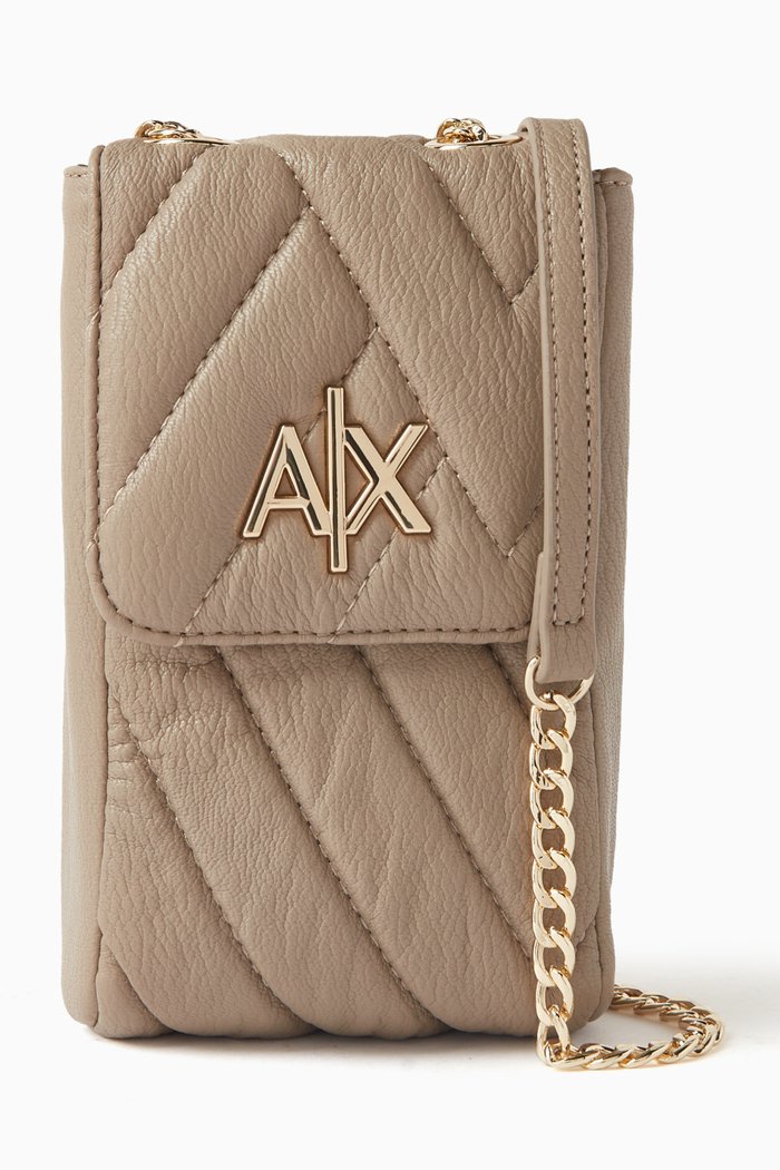 

AX Logo Phone Holder in Quilted Faux Leather, Neutral